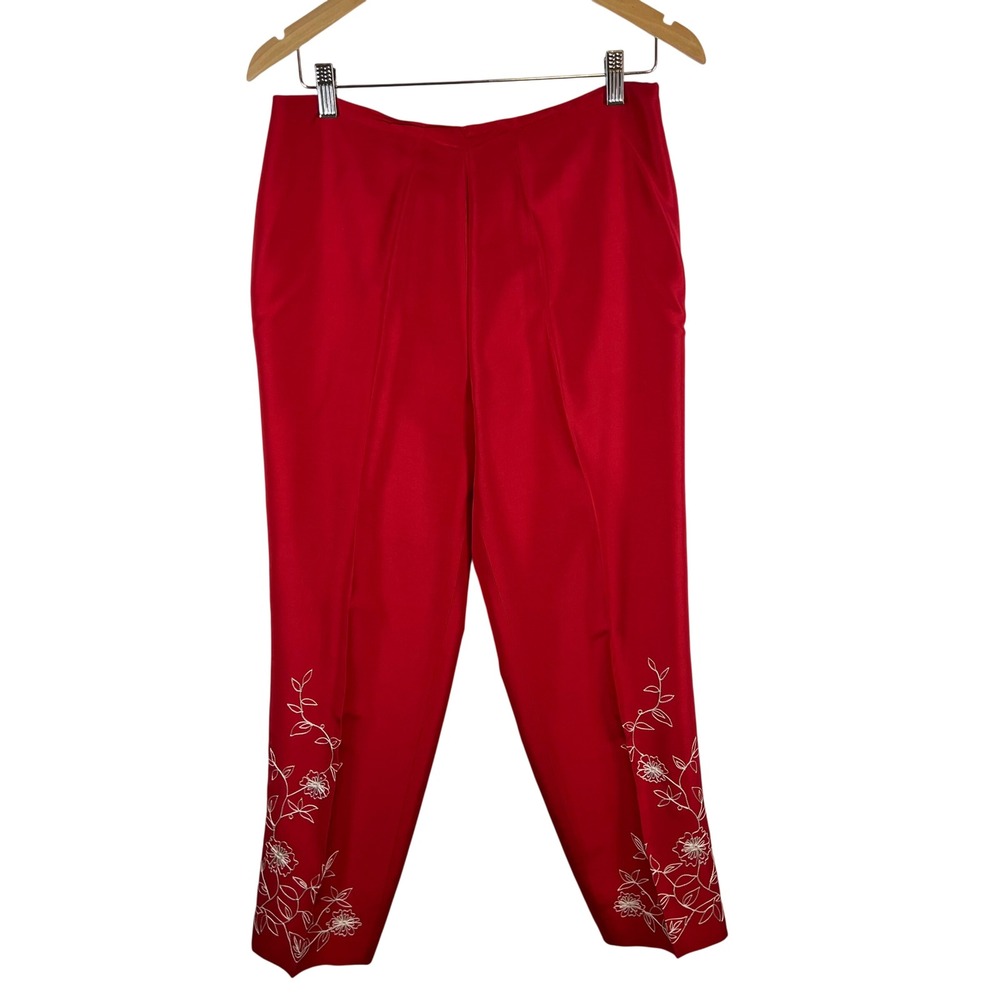 Loft Red Silk Floral Embroidered Tapered Leg Trousers High Waist Side Zip Pants